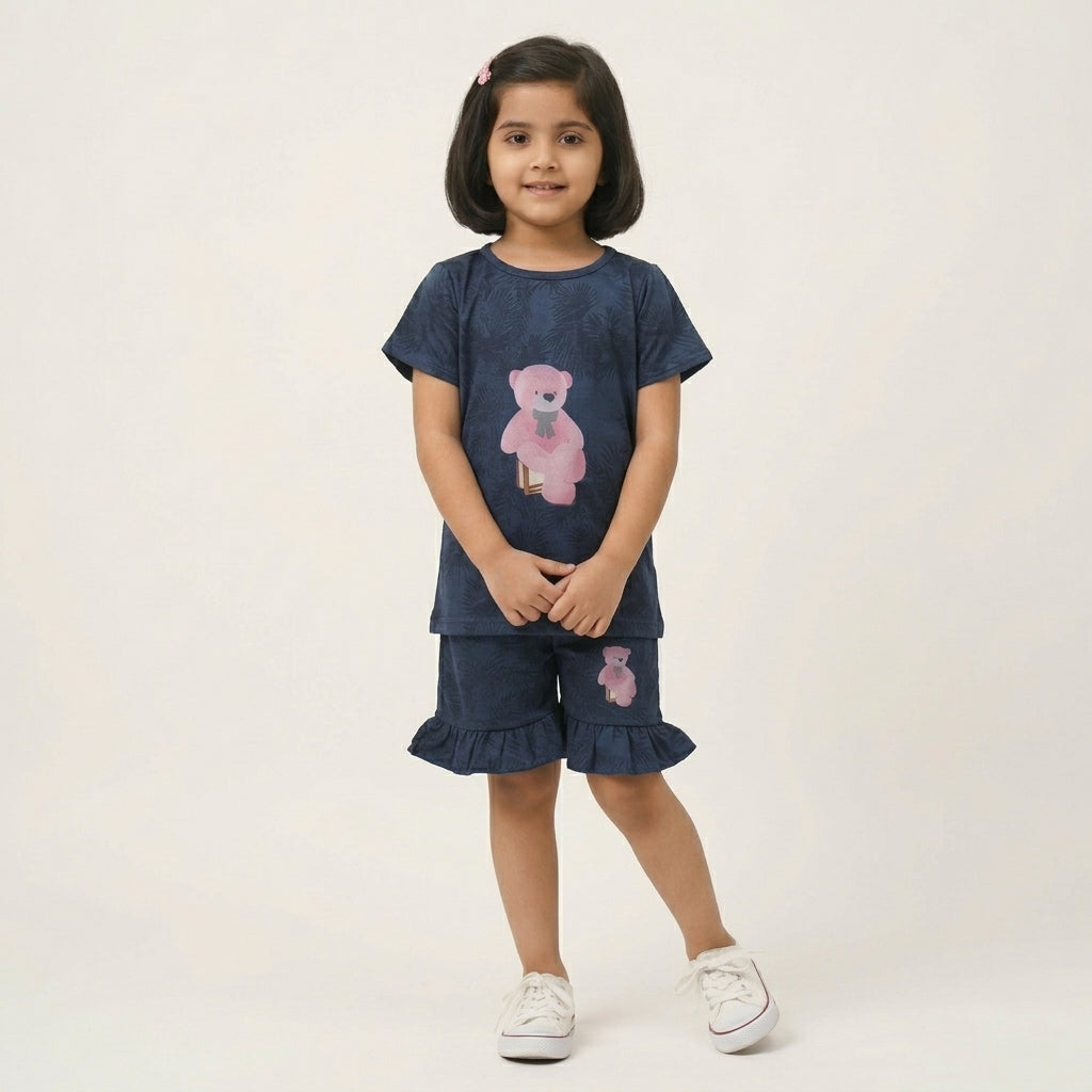 Girls Navy Blue Printed Set – Teddy Design | Stylish Ruffle Shorts