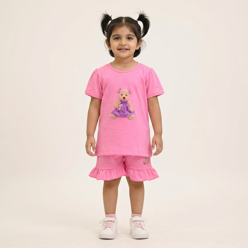 Girls Pink Printed Set – Cute Teddy Design | Stylish Ruffle Shorts