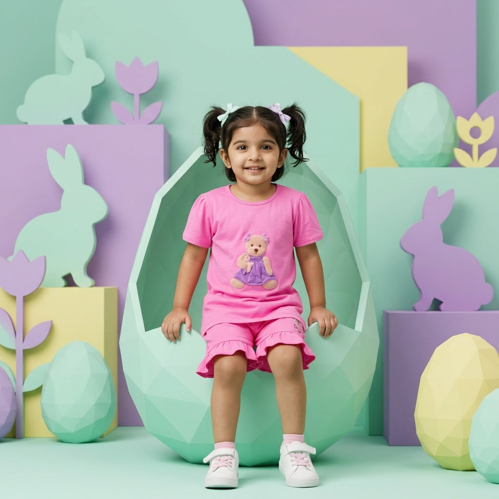 Girls Pink Printed Set – Cute Teddy Design | Stylish Ruffle Shorts