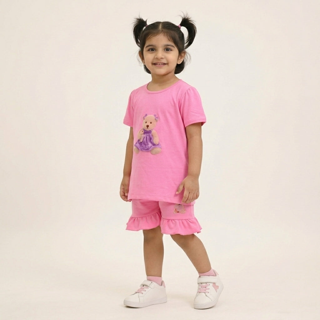 Girls Pink Printed Set – Cute Teddy Design | Stylish Ruffle Shorts