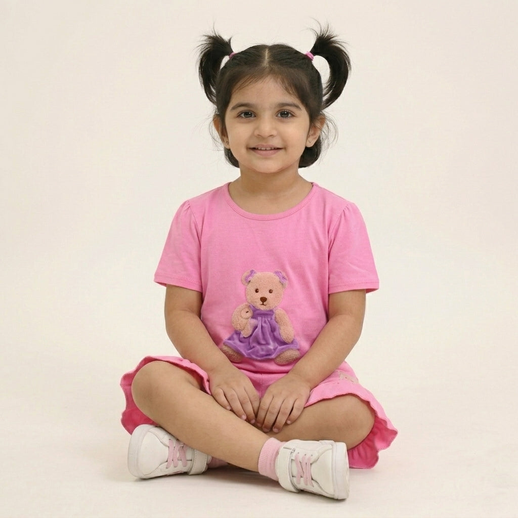 Girls Pink Printed Set – Cute Teddy Design | Stylish Ruffle Shorts