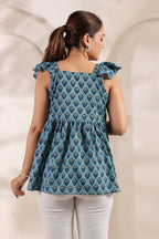 Teal Blue Pure Cotton Lotus Booti Printed Peplum Top