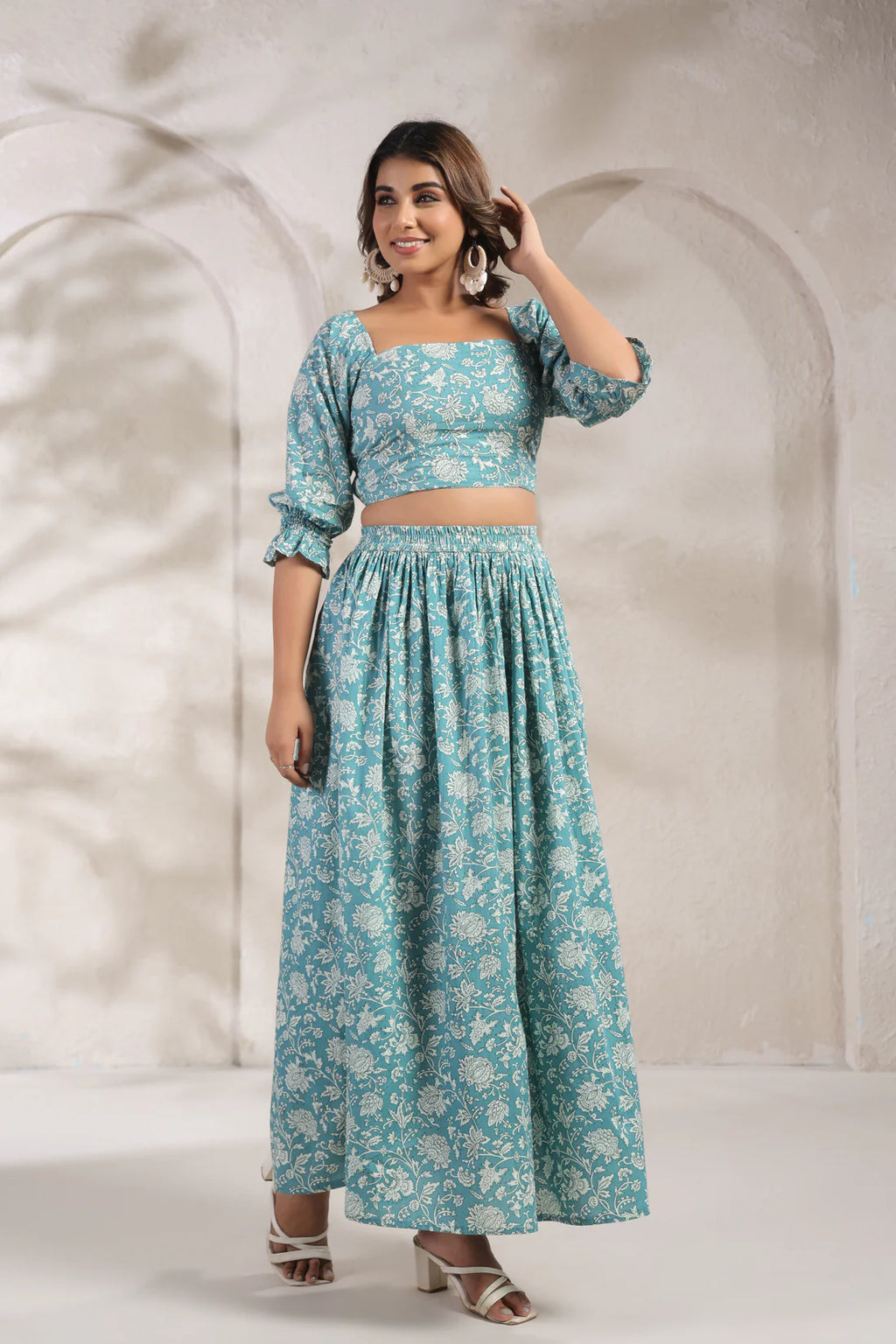 Elegant Cotton Crop Top & Skirt Co-ord Set – Floral Print | Summer Ethnic Wear