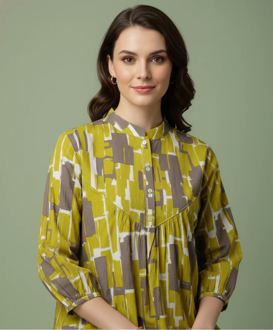 Aarohi Green Abstract Jaipuri Pure Cotton Gathered Top with Mandarin Neck & Three-Quarter Sleeves
