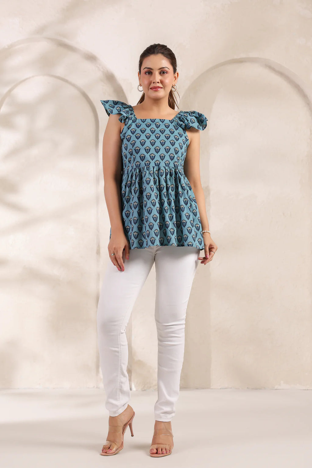 Teal Blue Pure Cotton Lotus Booti Printed Peplum Top