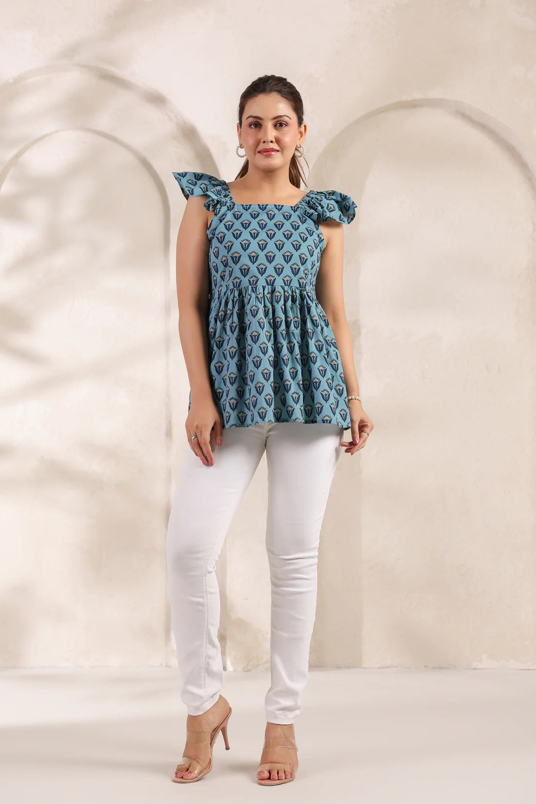 Teal Blue Pure Cotton Lotus Booti Printed Peplum Top