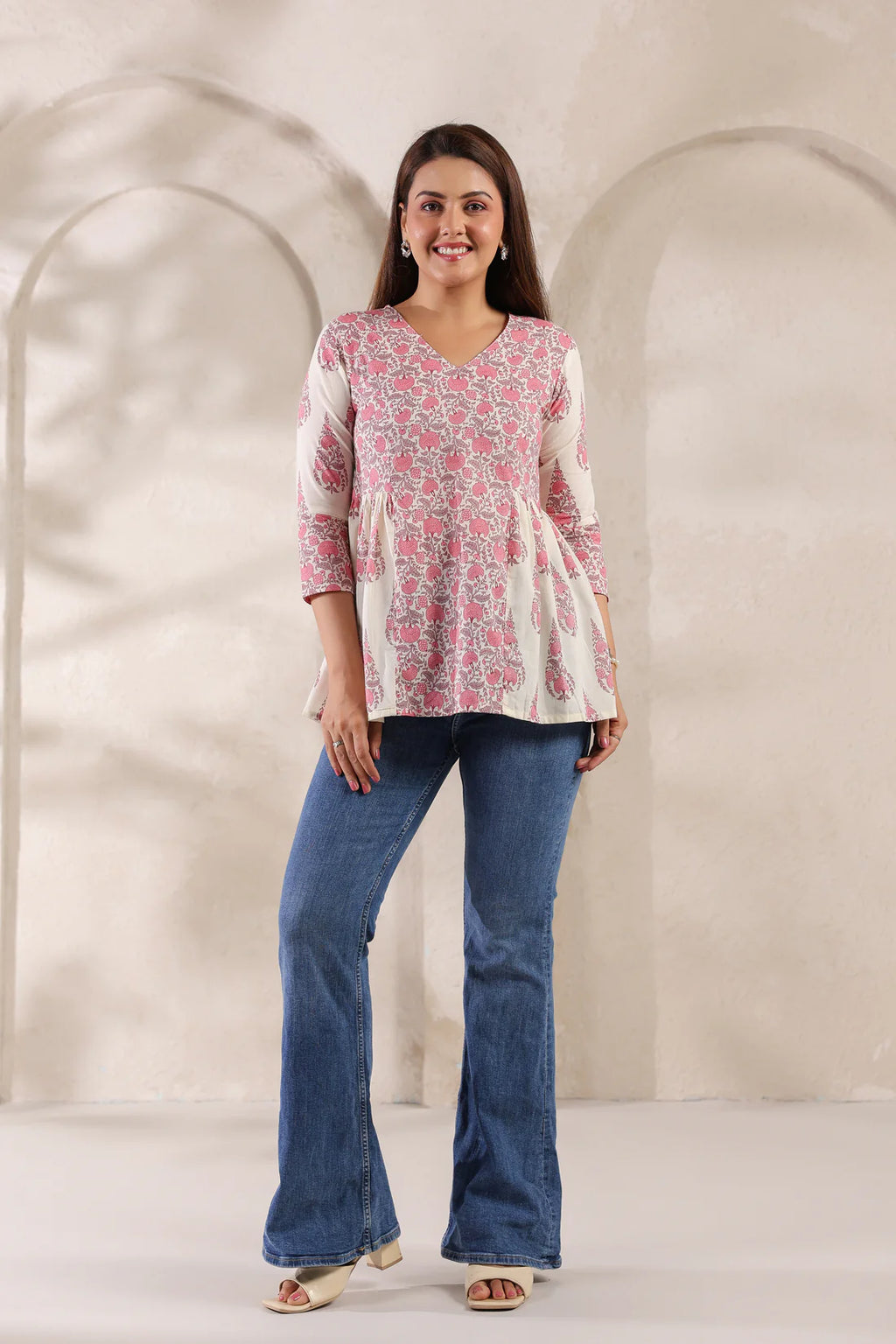Ivory Pure Cotton Pink Buta Printed Peplum Top