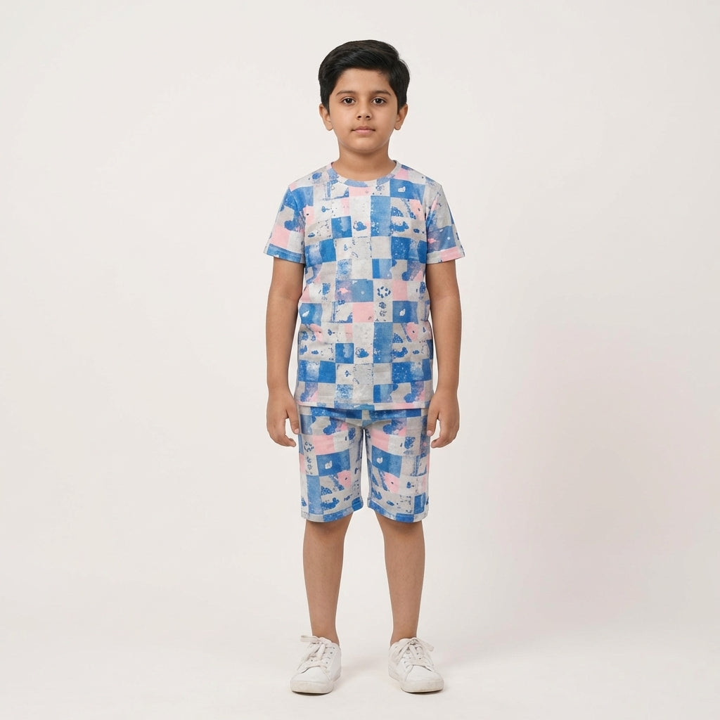 Boys Blue Printed Co-ord Set – Checkered Design