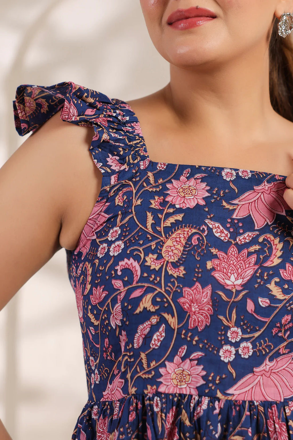 Navy Blue Pure Cotton Lotus Floral Printed Peplum Top