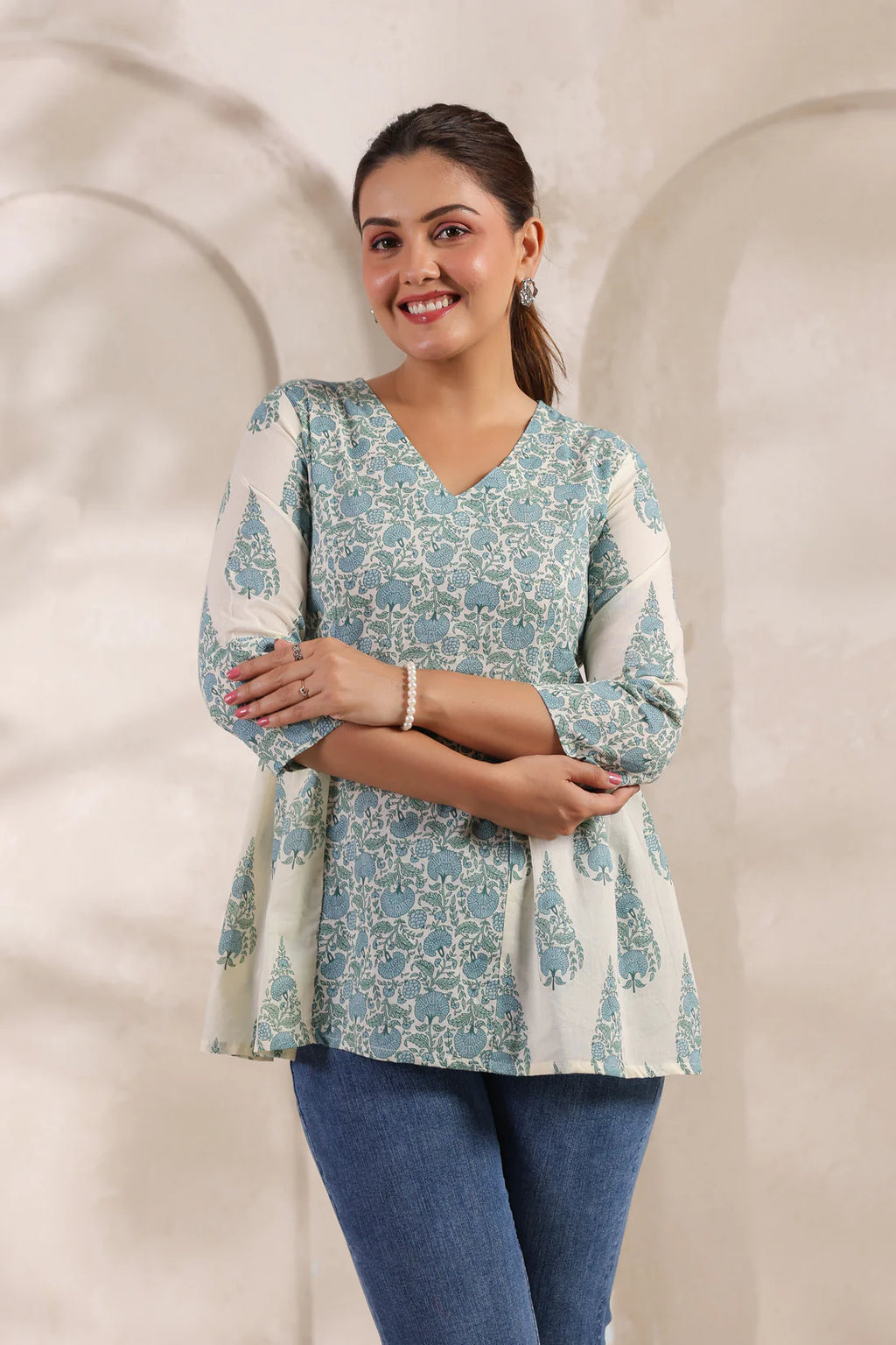 Ivory Pure Cotton Jaipuri Floral Jaal Printed Peplum Top