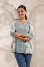 Ivory Pure Cotton Jaipuri Floral Jaal Printed Peplum Top