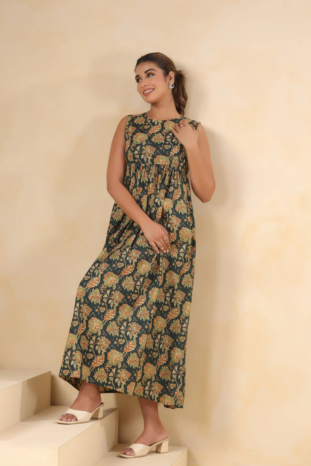 Dark Green Floral Printed Sleeveless Cotton Flare Dress for Women