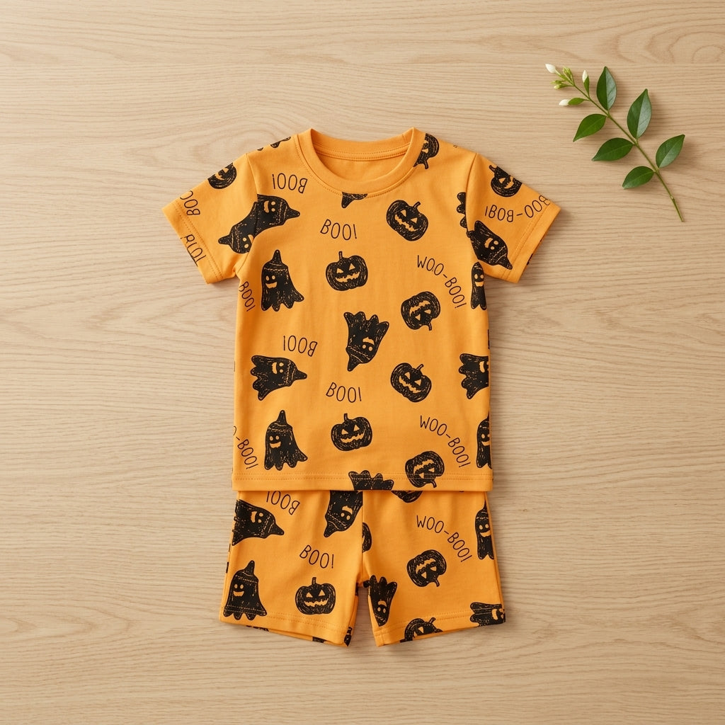 Girls Mustard Printed Set – 100% Cotton | Funky Halloween Print