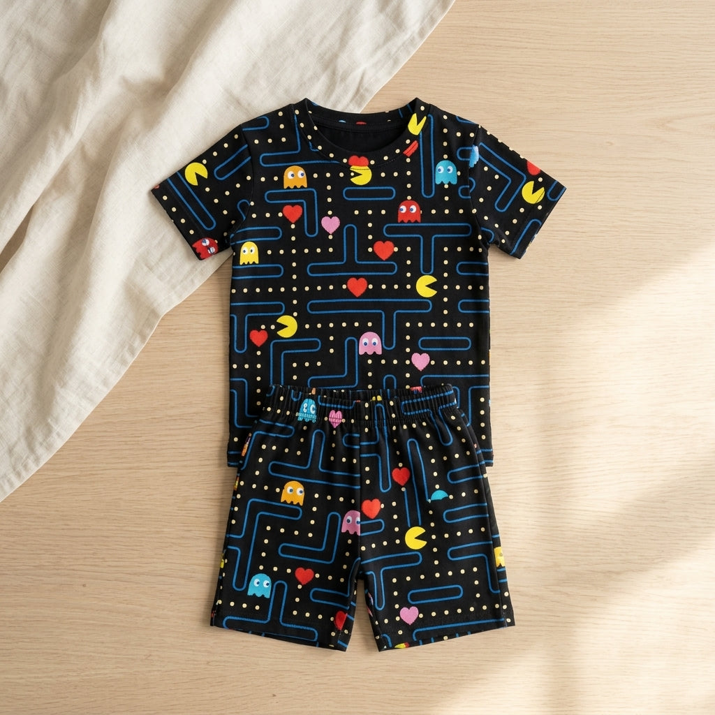 Kids Black Gaming Printed Set – Pacman Style Design | 100% Cotton