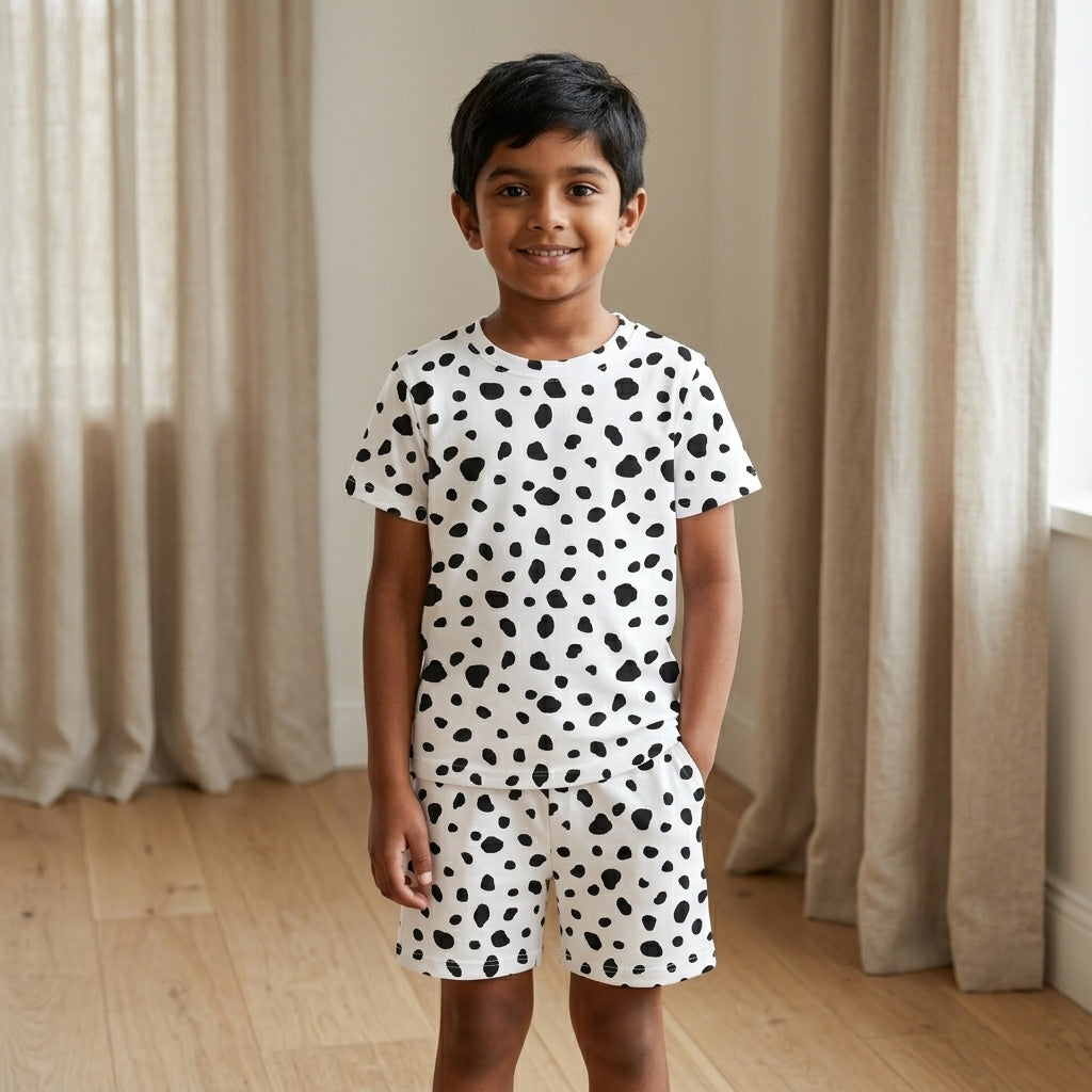 Kids White Printed Set – Trendy Black Spot Design | 100% Cotton
