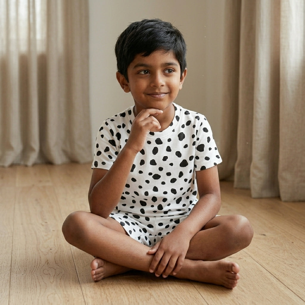 Kids White Printed Set – Trendy Black Spot Design | 100% Cotton