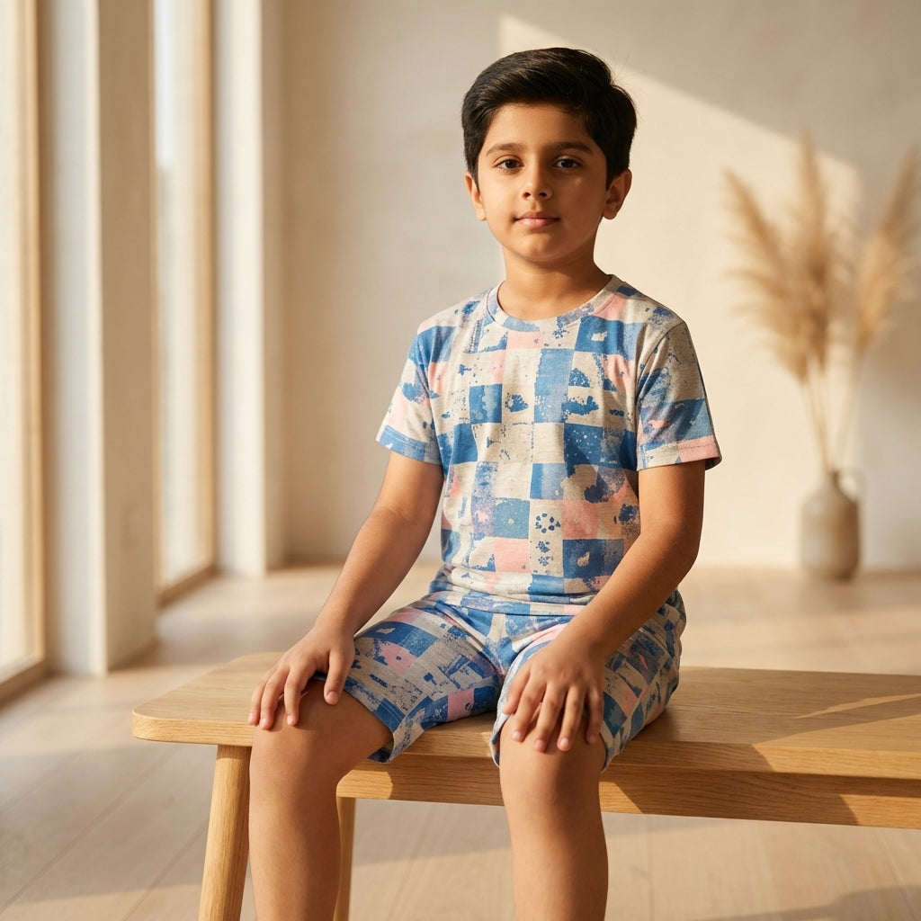 Boys Blue Printed Co-ord Set – Checkered Design