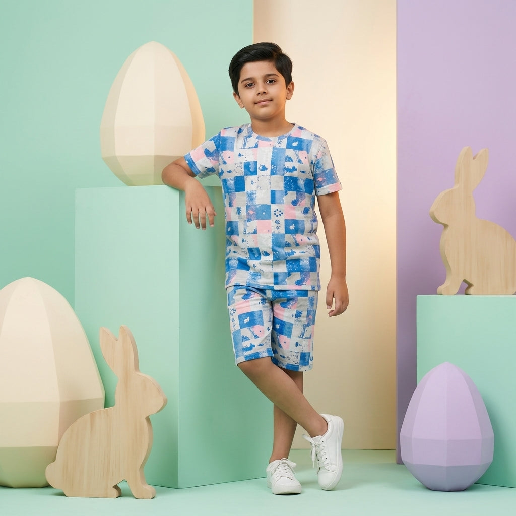Boys Blue Printed Co-ord Set – Checkered Design