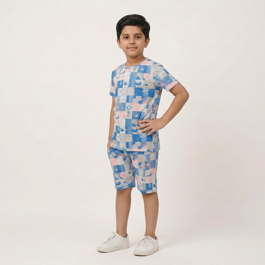 Boys Blue Printed Co-ord Set – Checkered Design