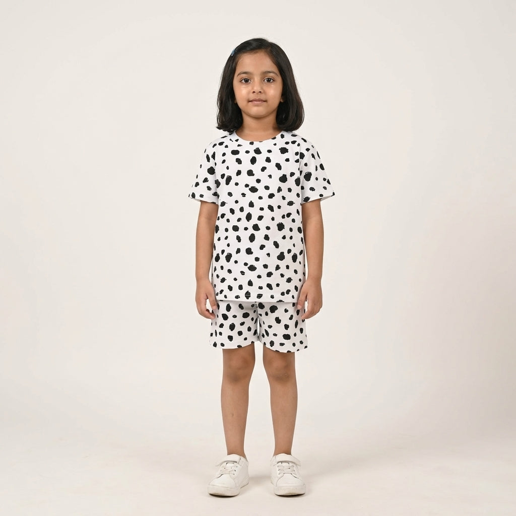 Kids White Printed Set – Trendy Black Spot Design | 100% Cotton