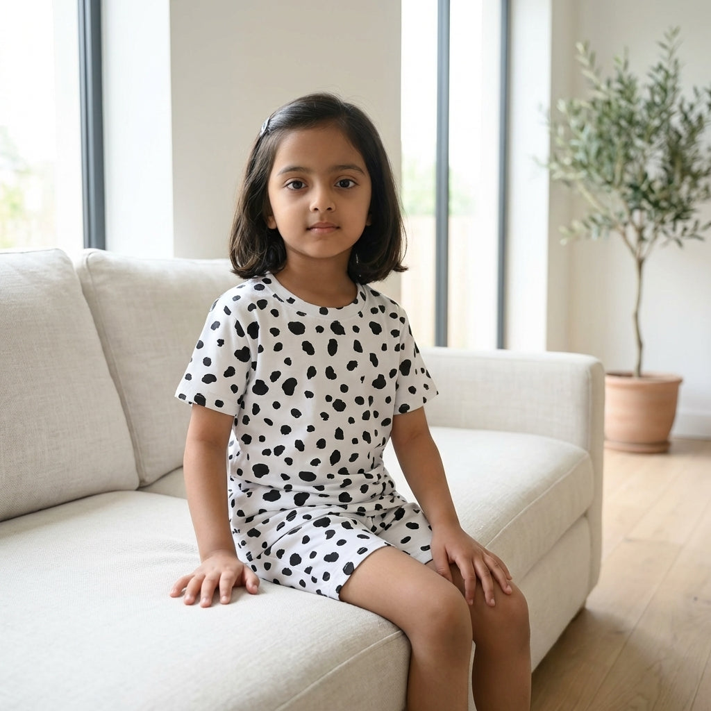 Kids White Printed Set – Trendy Black Spot Design | 100% Cotton