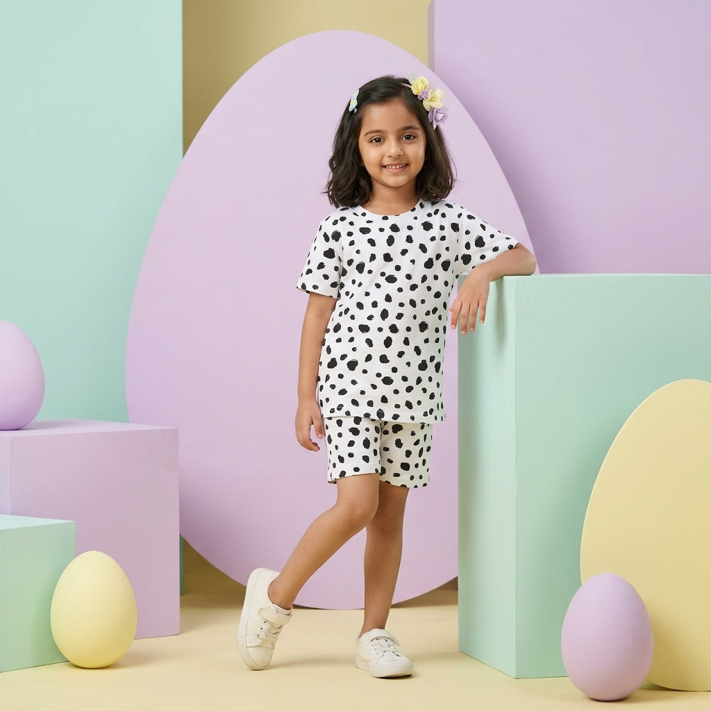 Kids White Printed Set – Trendy Black Spot Design | 100% Cotton