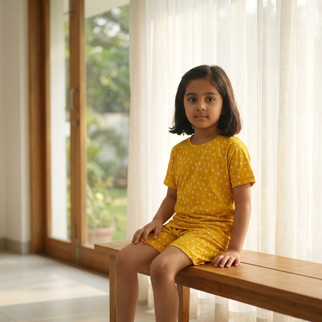 Kids Mustard Polka Dot Set – 100% Cotton