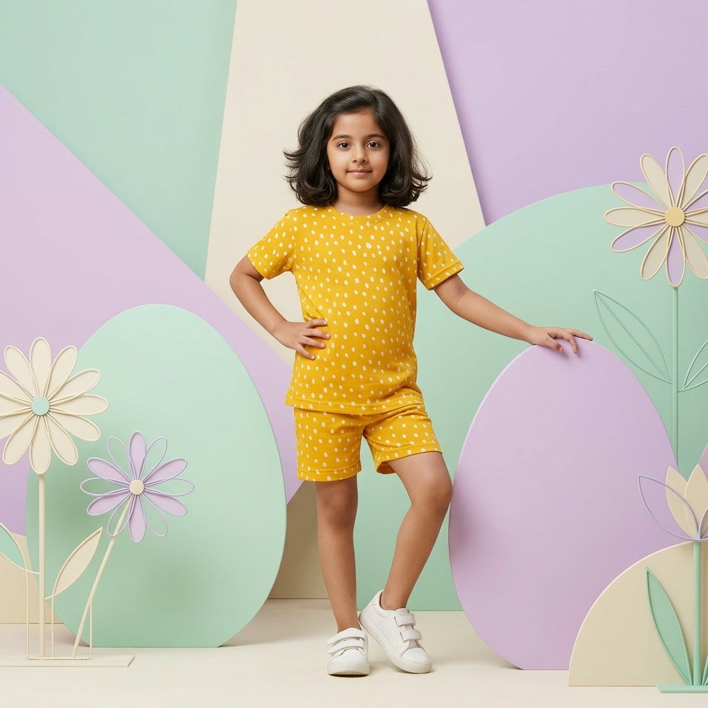 Kids Mustard Polka Dot Set – 100% Cotton