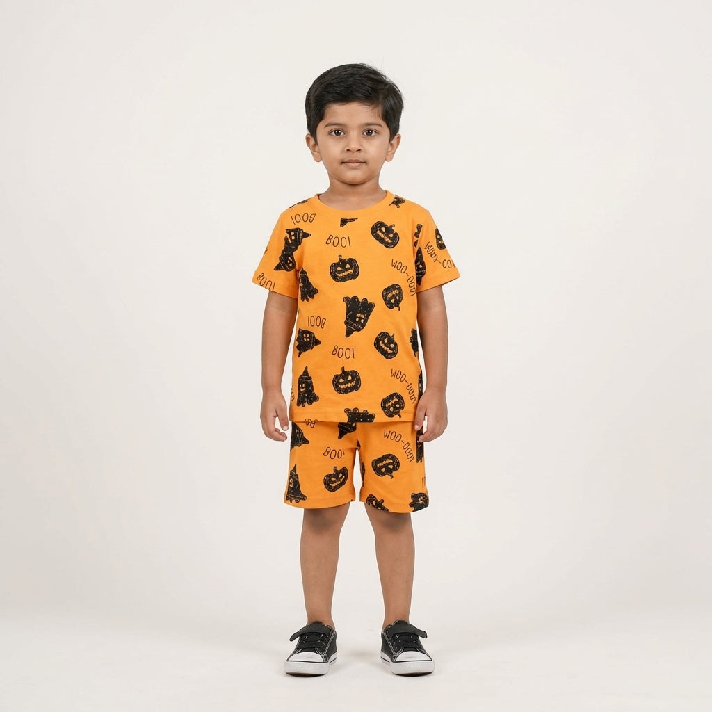 Boys Mustard Printed Co-ord Set – 100% Cotton | Funky Halloween Print