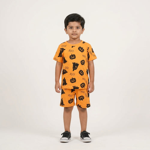 Boys Mustard Printed Co-ord Set – 100% Cotton | Funky Halloween Print