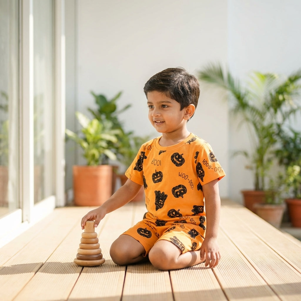 Boys Mustard Printed Co-ord Set – 100% Cotton | Funky Halloween Print