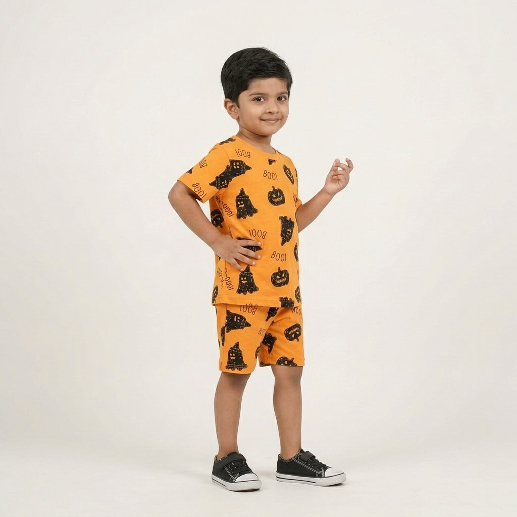 Boys Mustard Printed Co-ord Set – 100% Cotton | Funky Halloween Print