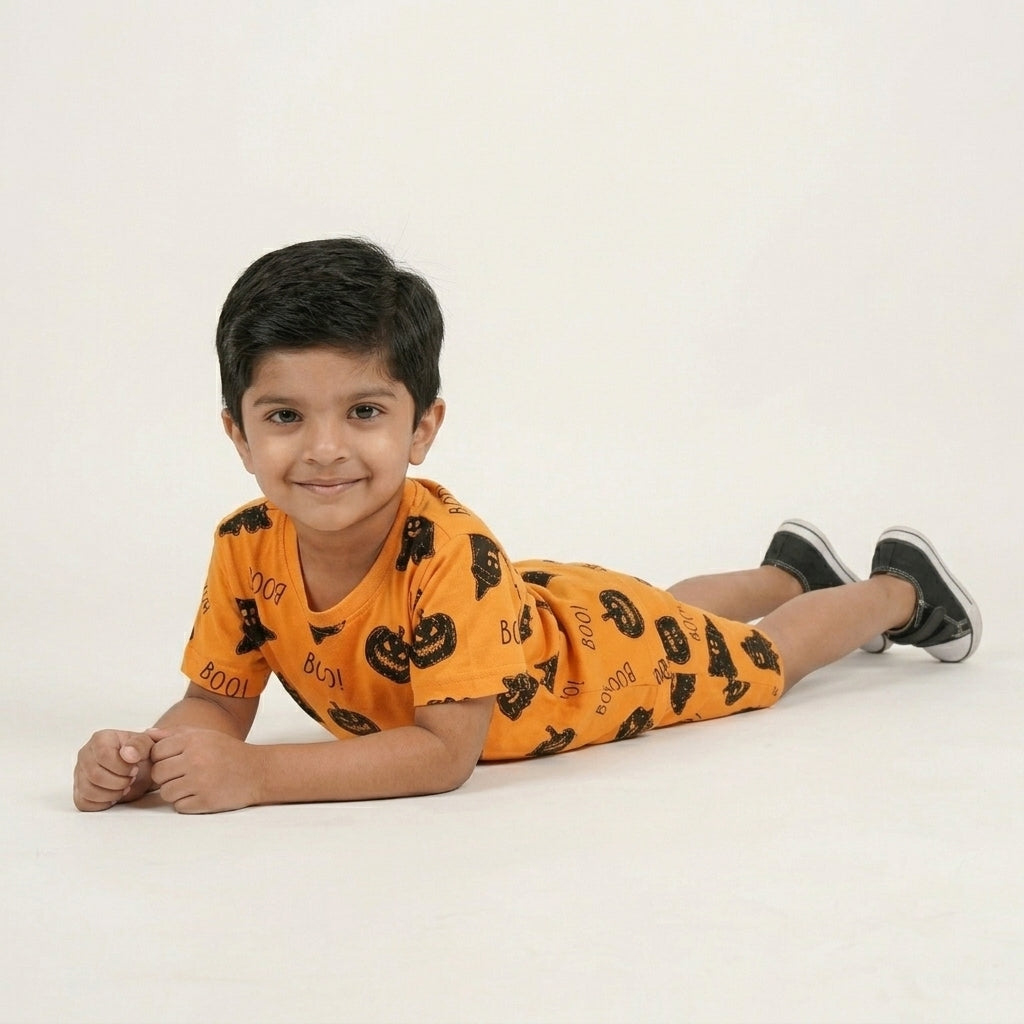 Boys Mustard Printed Co-ord Set – 100% Cotton | Funky Halloween Print