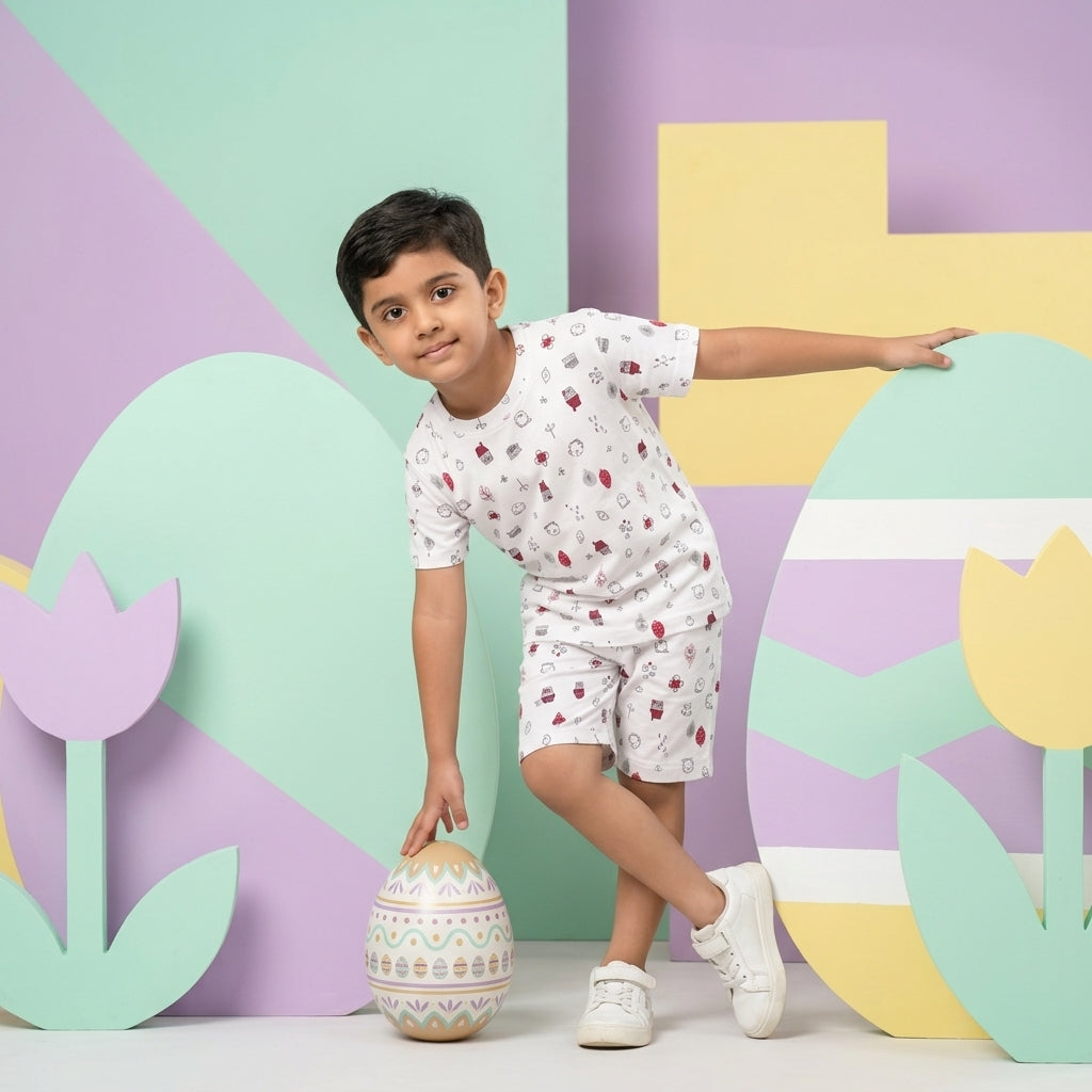 Boys White Printed Co-ord Set – 100% Cotton Fabric