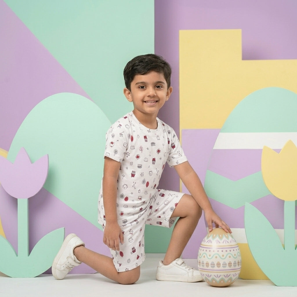 Boys White Printed Co-ord Set – 100% Cotton Fabric