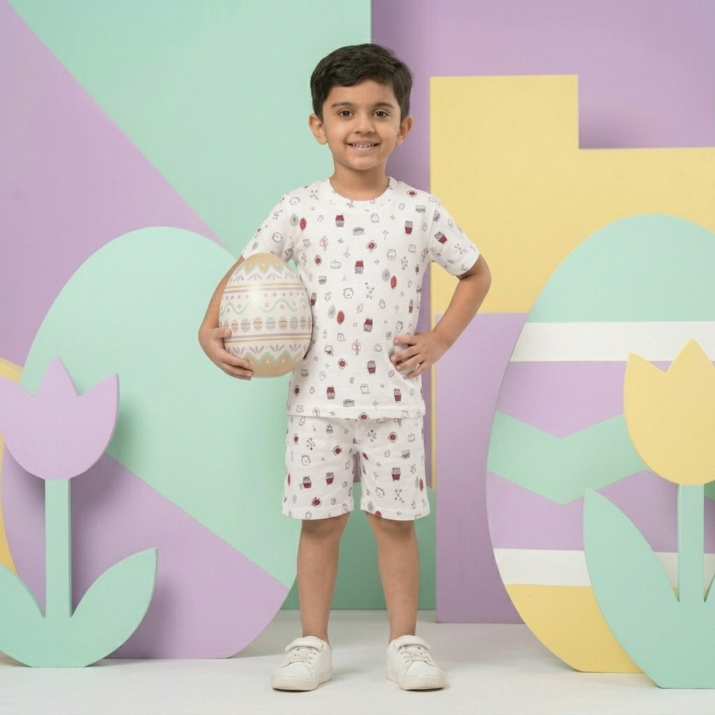 Boys White Printed Co-ord Set – 100% Cotton Fabric