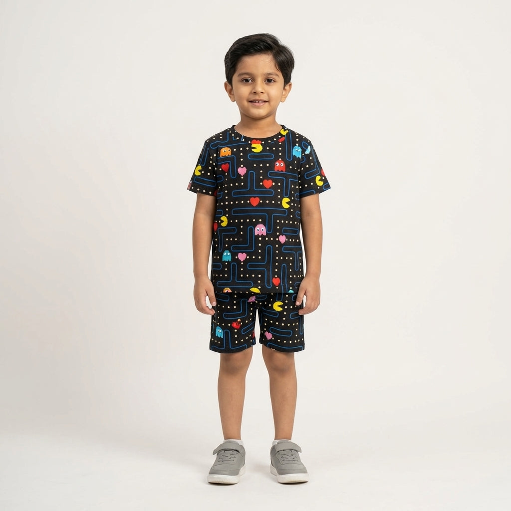Kids Black Gaming Printed Set – Pacman Style Design | 100% Cotton