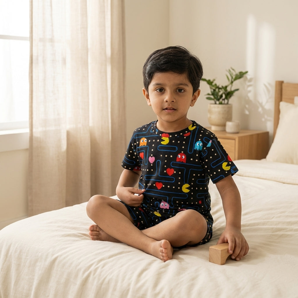 Kids Black Gaming Printed Set – Pacman Style Design | 100% Cotton