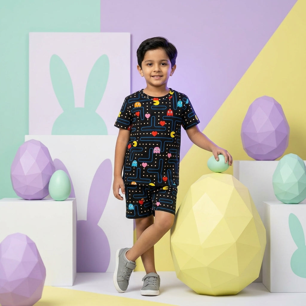 Kids Black Gaming Printed Set – Pacman Style Design | 100% Cotton