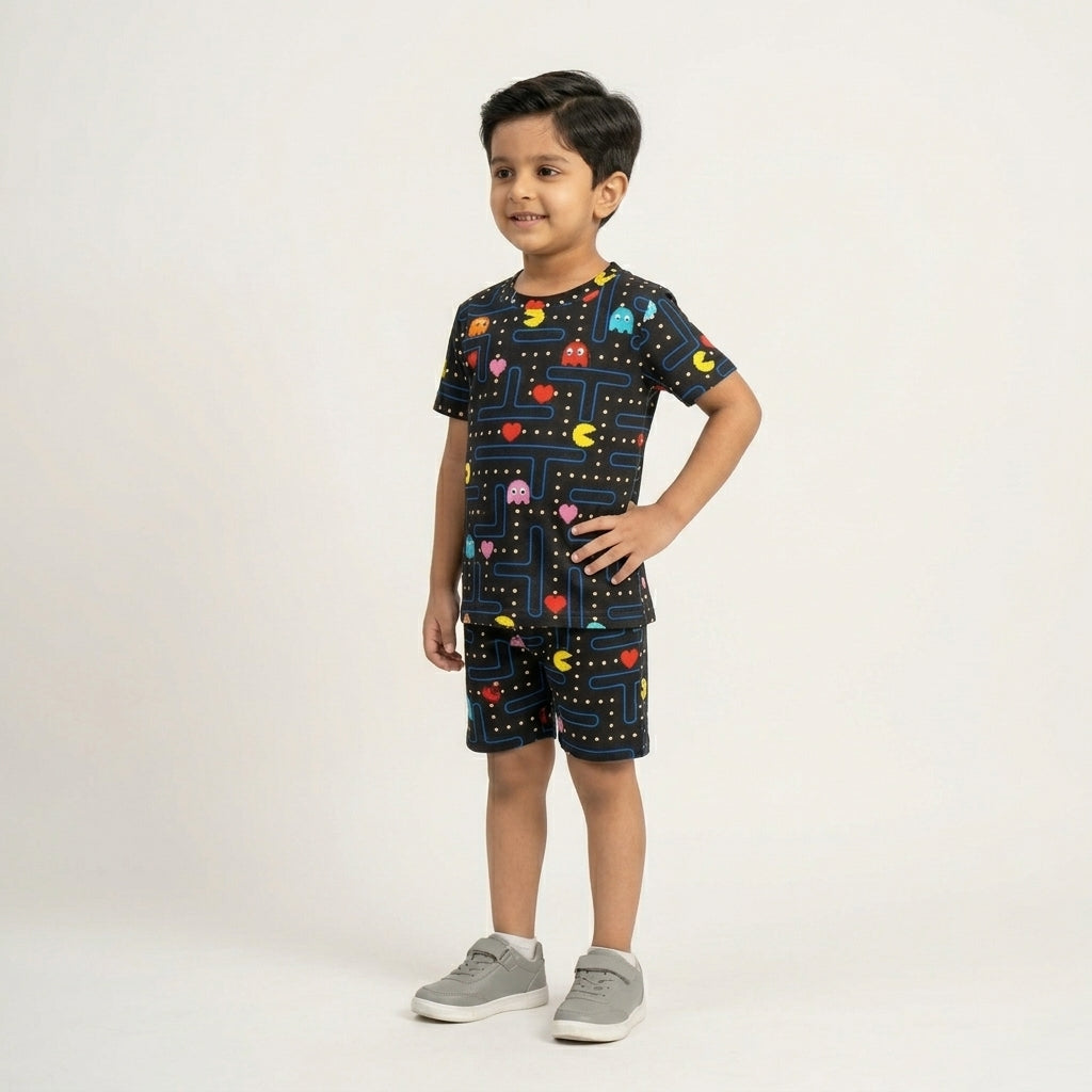 Kids Black Gaming Printed Set – Pacman Style Design | 100% Cotton