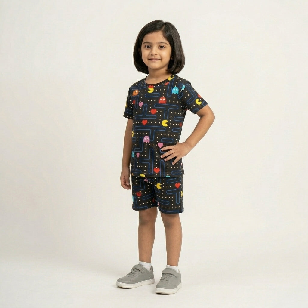 Kids Black Gaming Printed Set – Pacman Style Design | 100% Cotton