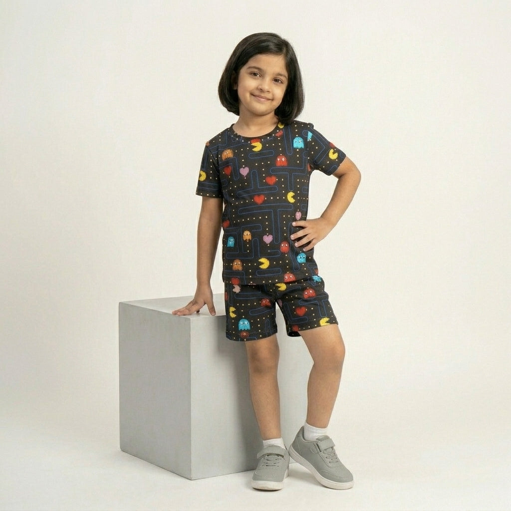 Kids Black Gaming Printed Set – Pacman Style Design | 100% Cotton