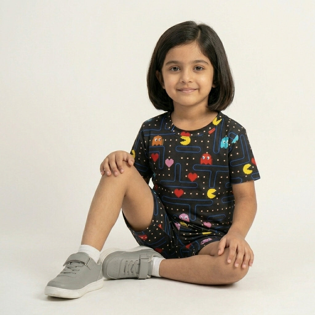 Kids Black Gaming Printed Set – Pacman Style Design | 100% Cotton