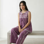 Women’s Cotton Co-Ord Set – Elegant Printed Top & Pants (Purple)