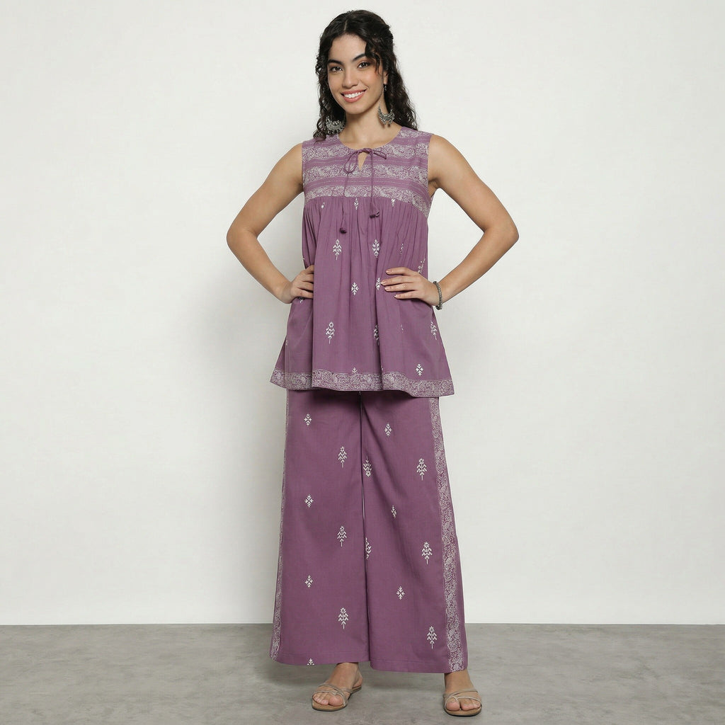 Women’s Cotton Co-Ord Set – Elegant Printed Top & Pants (Purple)