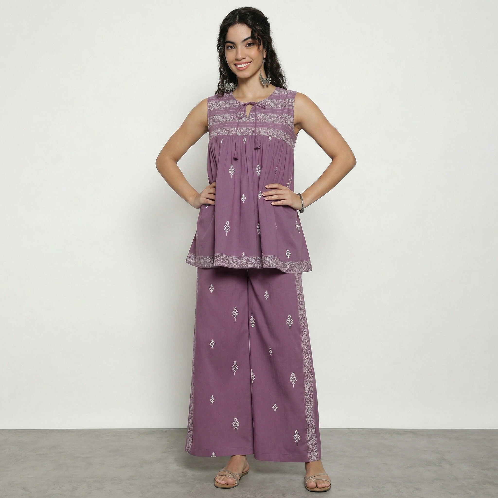 Women’s Cotton Co-Ord Set – Elegant Printed Top & Pants (Purple)