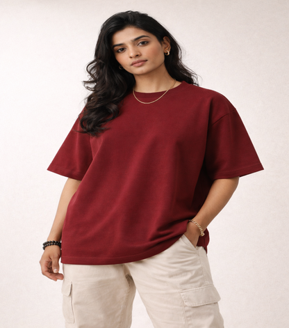 Maroon Oversized T-Shirt | 240 GSM Premium French Terry Cotton | Streetwear Drop Shoulder Tee