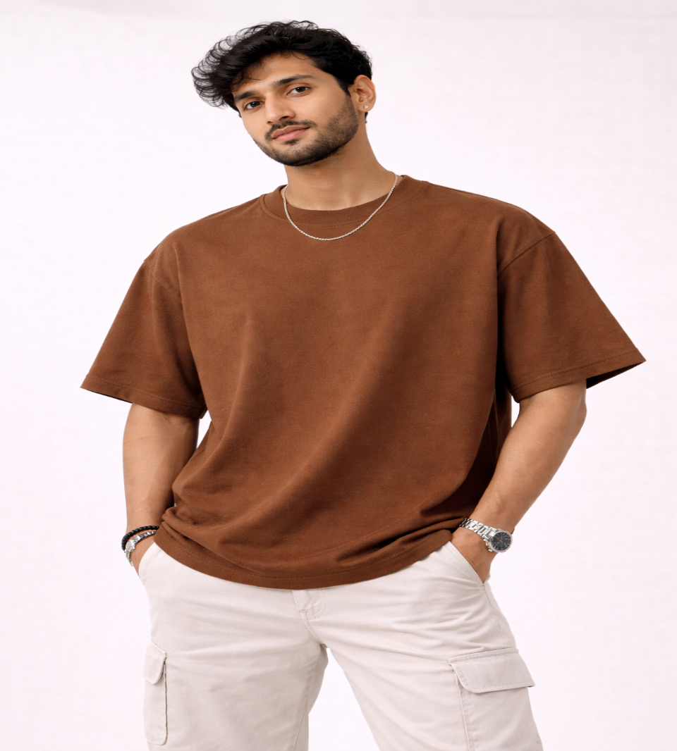 Brown Oversized T-Shirt for Men | 240 GSM Premium French Terry Cotton | Streetwear Drop Shoulder Tee
