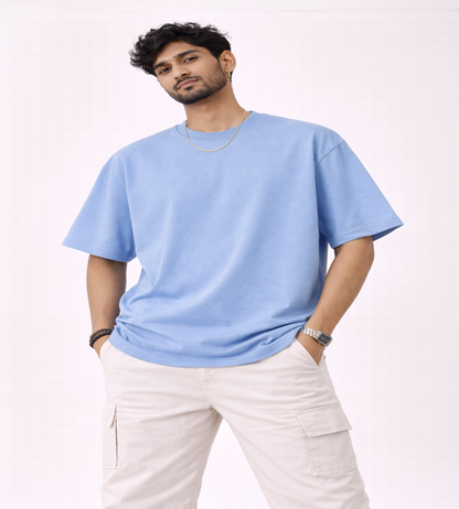 Powder Blue Oversized T-Shirt for Men | 240 GSM Premium French Terry Cotton | Streetwear Drop Shoulder Tee