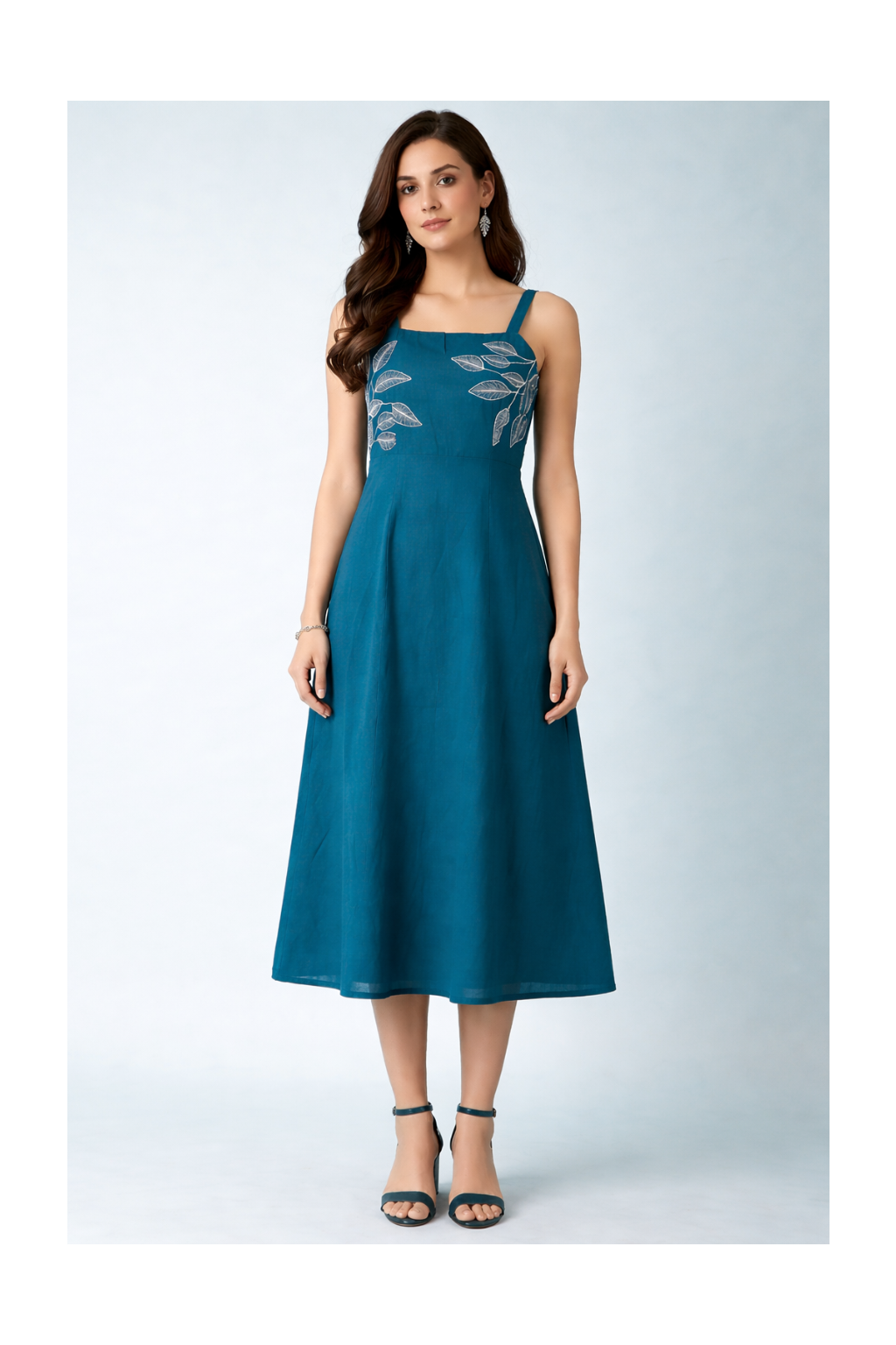 Teal Pure Cotton Fit & Flare Midi Dress with Ivory Leaf Embroidery